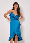 Ruffle Wrap Satin Midi Dress, Blue, large