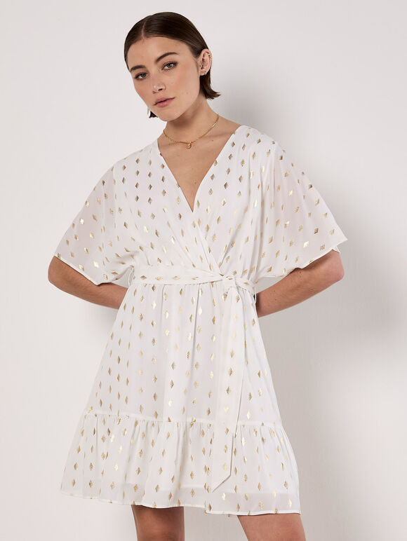 Gold Foil Diamond Wrap Mini Dress, White, large