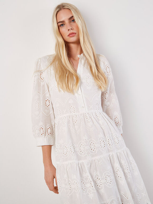 Broderie Anglaise Tiered Mini Dress, White, large