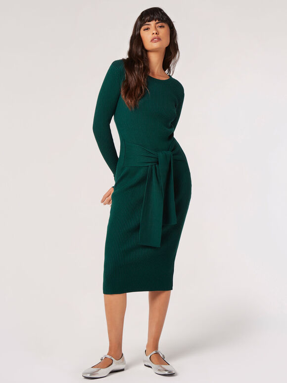 Ribbed Knit Bodycon Midi Dress, Green, large