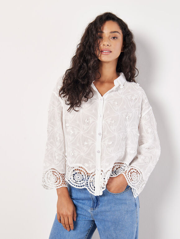 Textured Cotton Floral Crochet Blouse, White, large