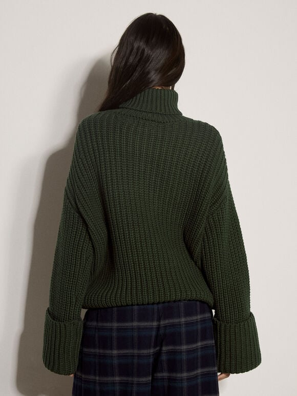 Chunky Knit Roll Neck Jumper, Green, large