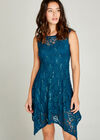 Sequin Lace Hanky Hem Skater Dress, Teal, large