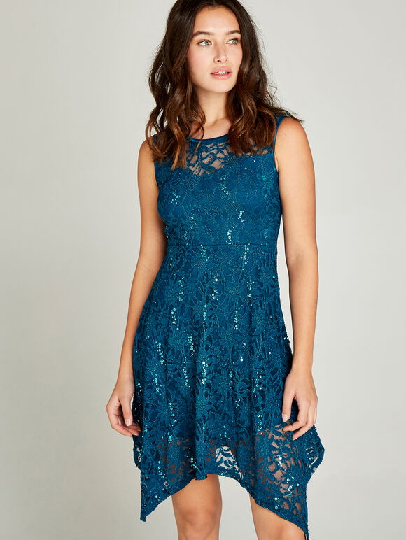 Sequin Lace Hanky Hem Skater Dress, Teal, large