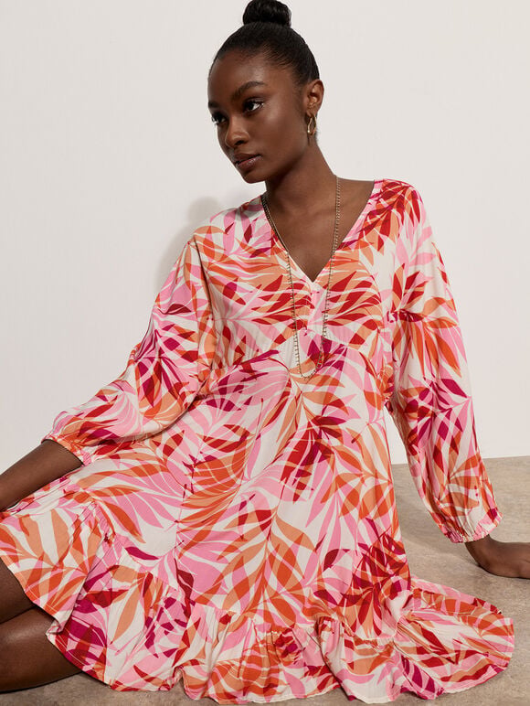 Tropical Leaf Mini Dress, Pink, large