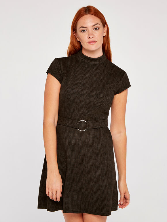 Dogtooth Squared Jacquard Dress, Brown, large