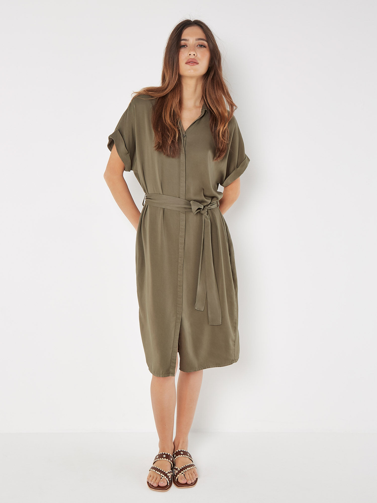 Batwing Sleeve Shirt Midi Dress Apricot Clothing