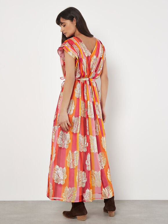 Metallic Leaf Stripe Kimono Maxi Dress, Pink, large