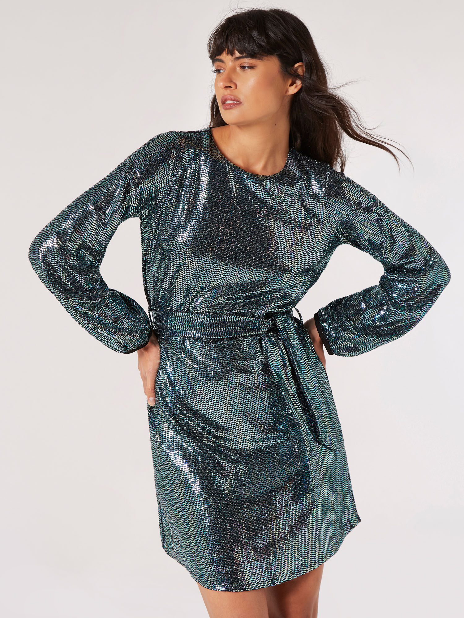Metallic Sequin Shift Mini Dress Apricot Clothing