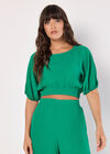 Puff Sleeve Textured Crop Top, Green, large