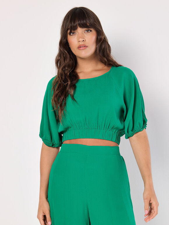 Puff Sleeve Textured Crop Top, Green, large