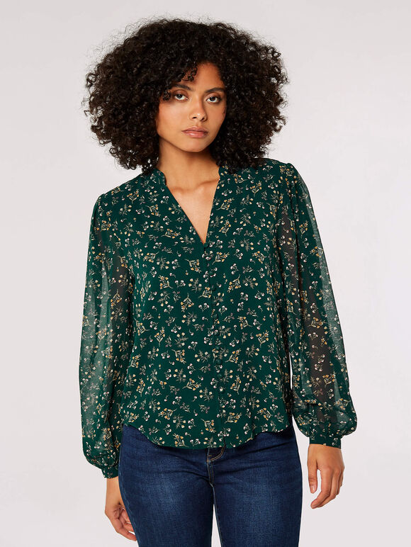 Ditsy Floral Chiffon Blouse, Green, large