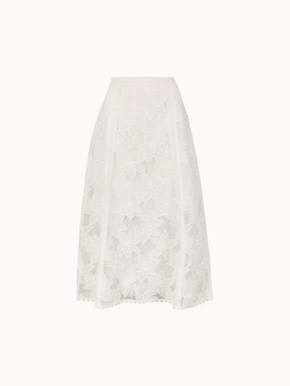 Floral Mesh Lace Midi Skirt, White, large
