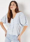 Stripe Balloon Sleeve Cotton Shirt, Blue, large