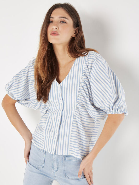 Stripe Balloon Sleeve Cotton Shirt, Blue, large
