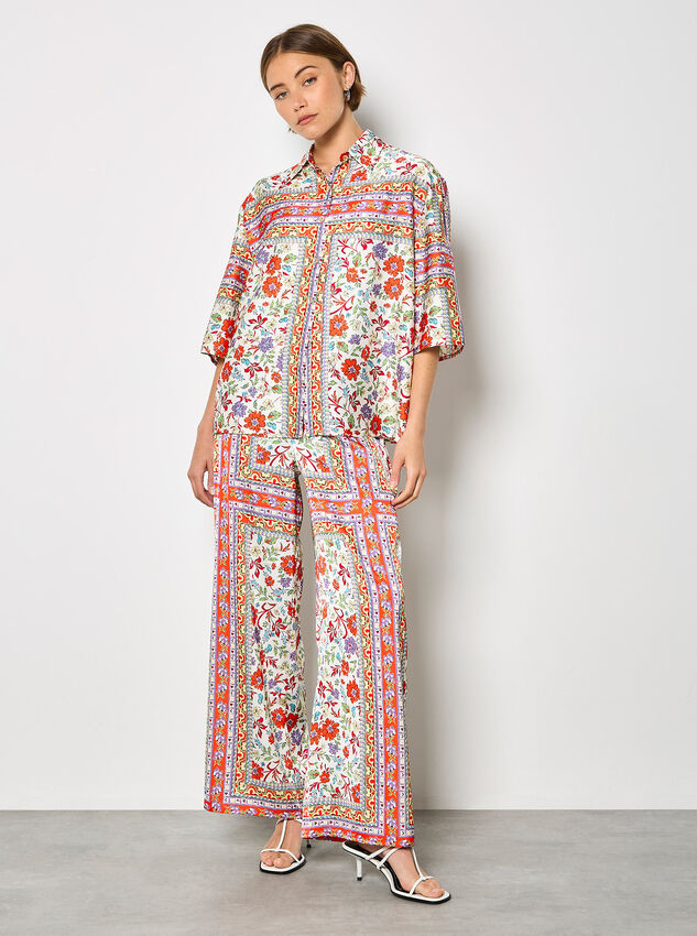 Floral Scarf Print Satin Shirt, Orange, large
