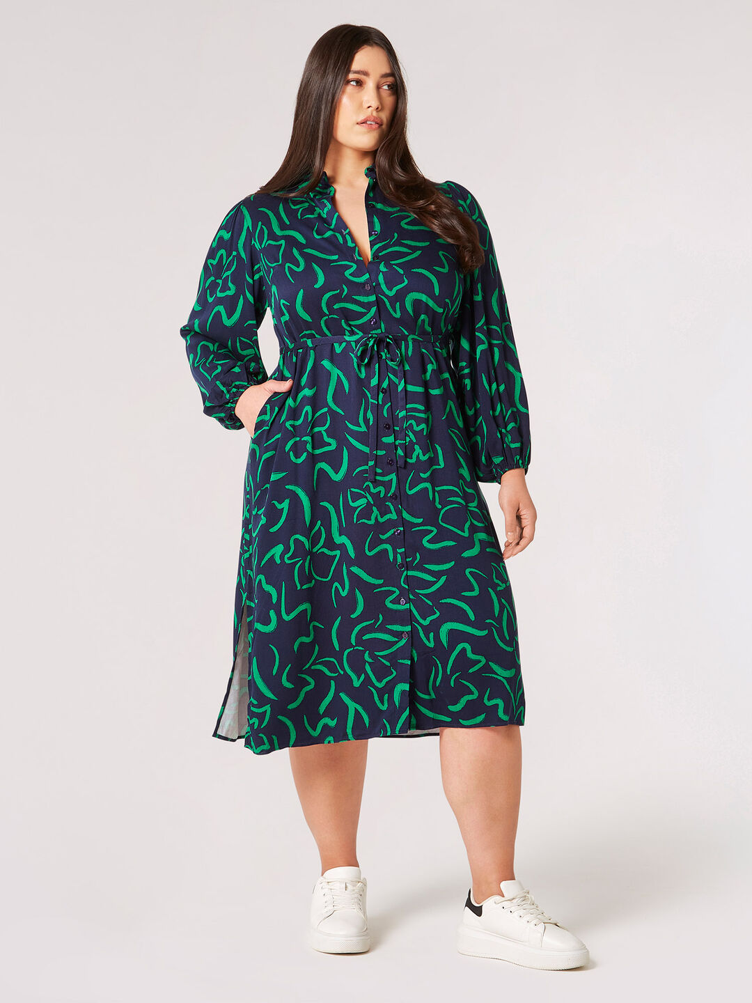 Image of Curve Abstract Lines Shirt Midi Dress