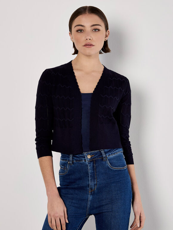 Pointelle Chevron Knit Shrug, Navy, large
