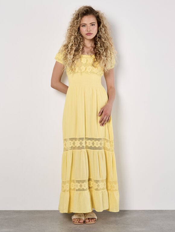 Floral Lace Milkmaid Maxi Dress, Yellow, large