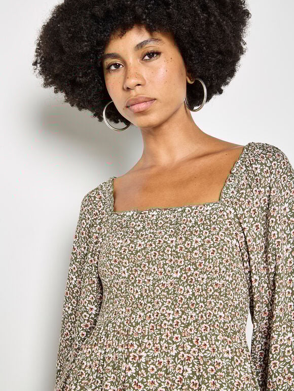 Ditsy Floral Smocked Midi Dress, Khaki, large