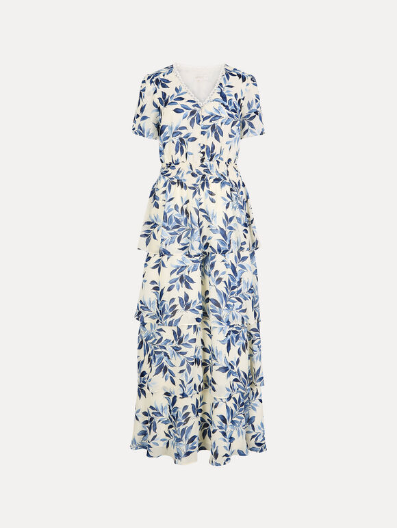 Watercolour Leaves Chiffon Tiered Maxi Dress, Blue, large