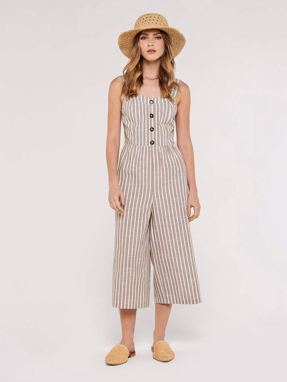 Striped Button Detailed Jumpsuit Apricot Clothing