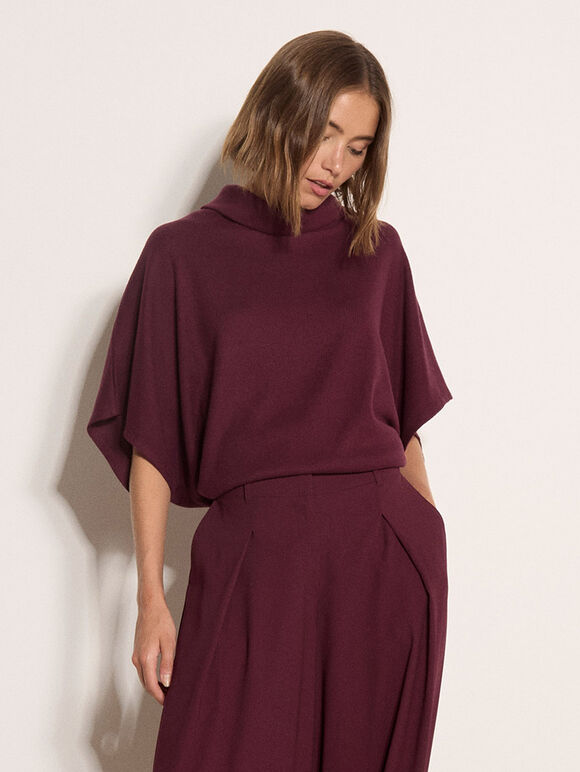 Roll Neck Ribbed Cape, Burgundy, large