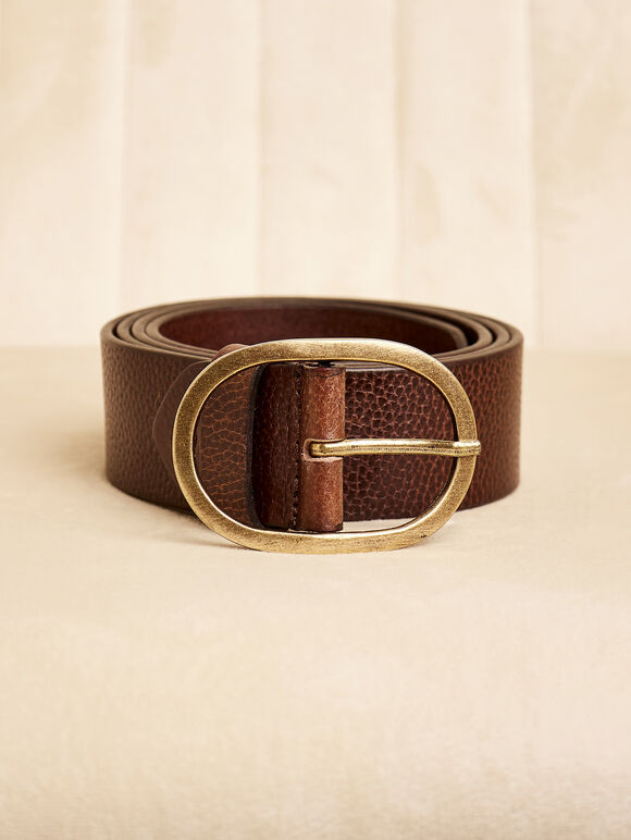 Thin Leather Gold Buckle Belt, Brown, large