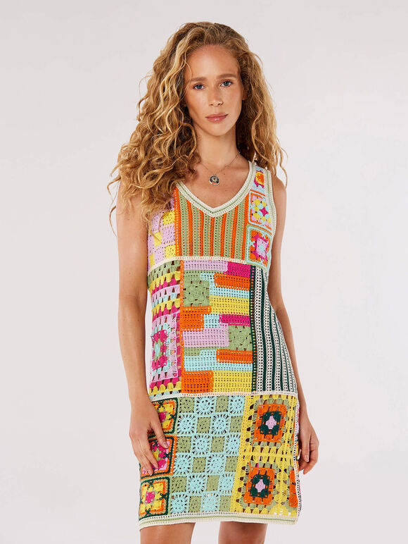 Patchwork Crochet Shift Dress, Stone, large