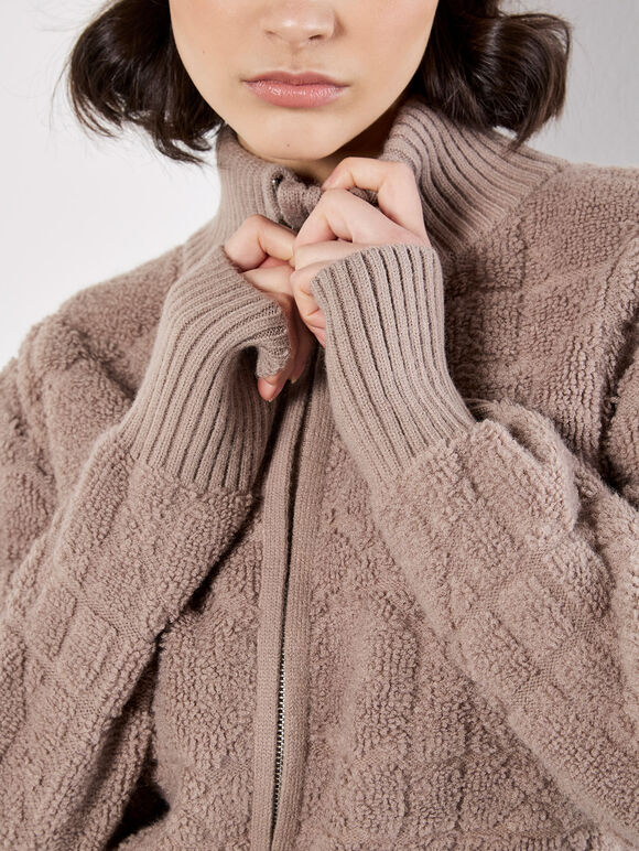 Boucle Knit Cropped Zip Cardigan, Brown, large