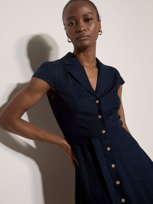 Linen Blend Shirt Mini Dress, Navy, large