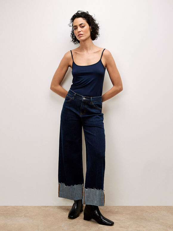 Ikeda Straight Leg Turn Up Jeans, Navy, large