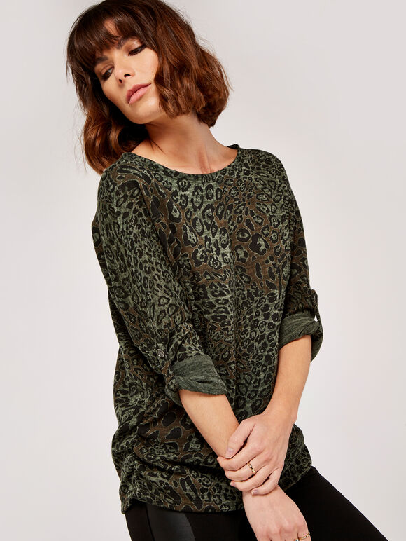Leopard Camo Ruched Batwing Top, Khaki, large