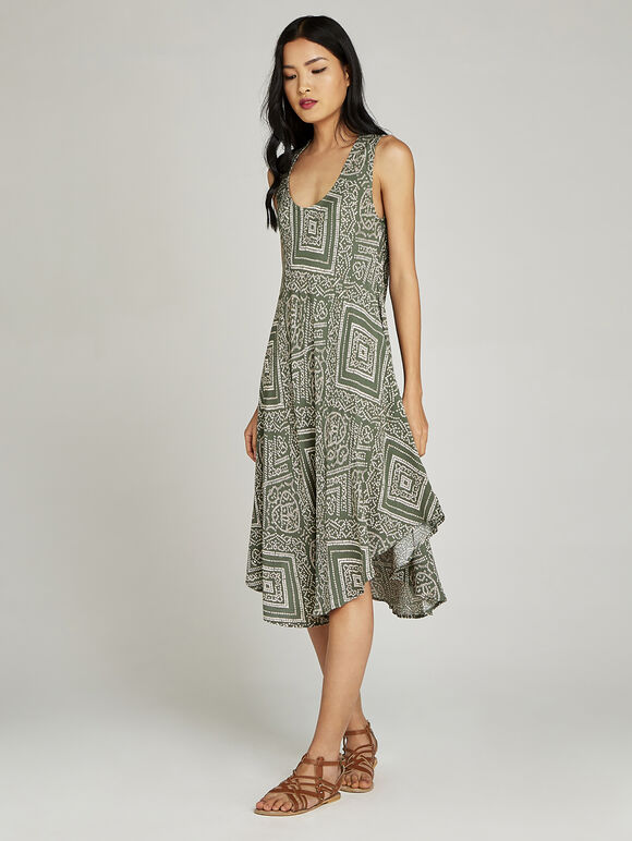 Khaki Dotted Tribal Print Midi Dress, Khaki, large