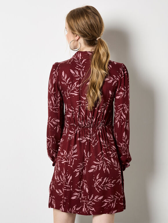 Leaf Print Shirt Mini Dress, Burgundy, large