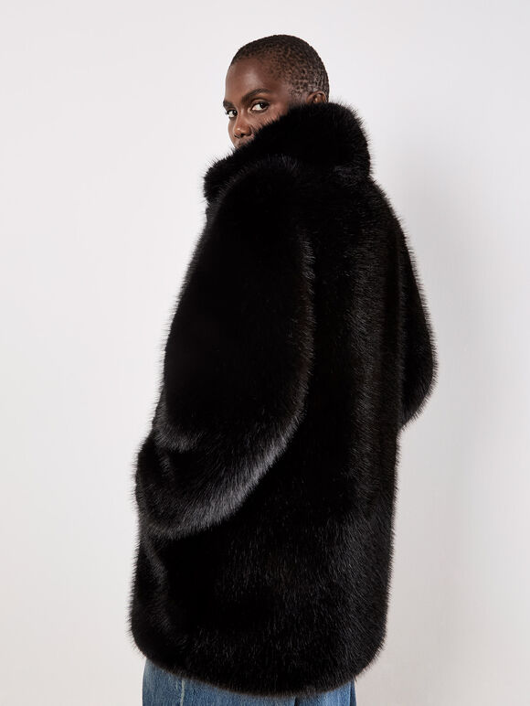 Faux Fur Longline Coat, Black, large