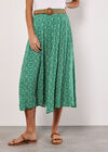 Boho Print Belted Crinkle Midi Skirt, Green, large