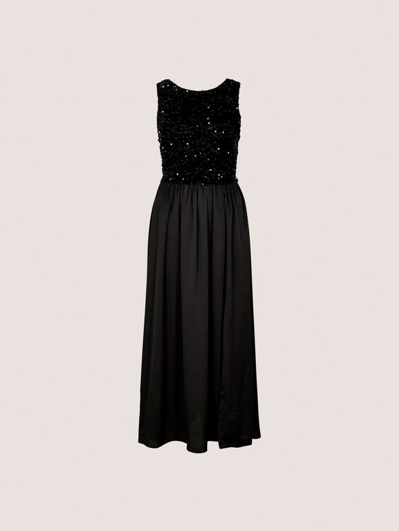 Velvet Sequin Bodice Midi Dress, Black, large