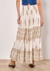 Gold Foil Paisley Tiered Maxi Skirt, Cream, large
