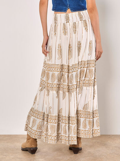 Gold Foil Paisley Tiered Maxi Skirt