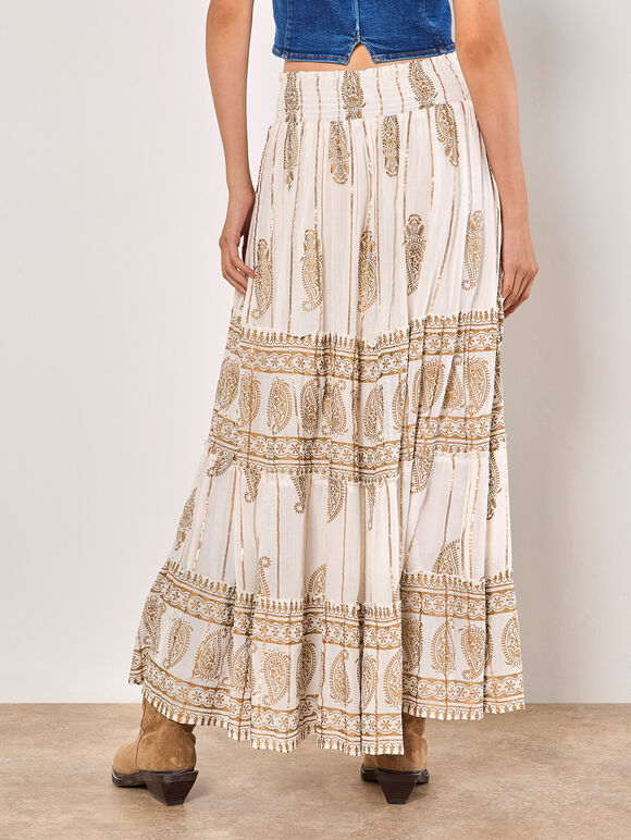 Gold Foil Paisley Tiered Maxi Skirt, Cream, large