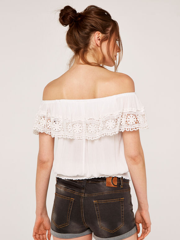 Off Shoulder Broderie Shirred Top, Cream, large