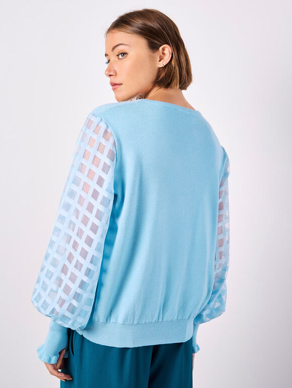 Contrast Organza Sleeves Jumper, Sky Blue, large