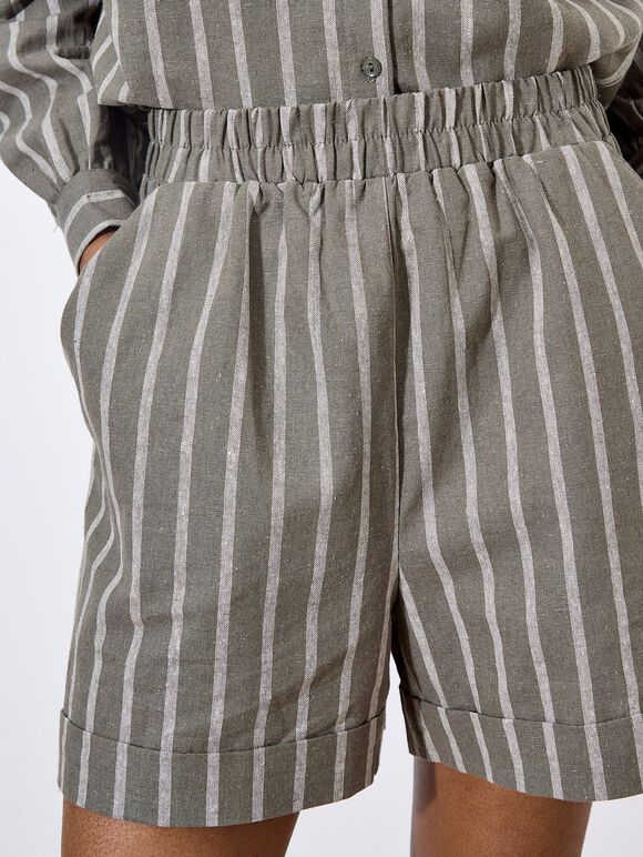 Linen Blend Stripe Shorts, Khaki, large