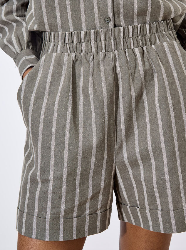 Linen Blend Stripe Shorts, Khaki, large