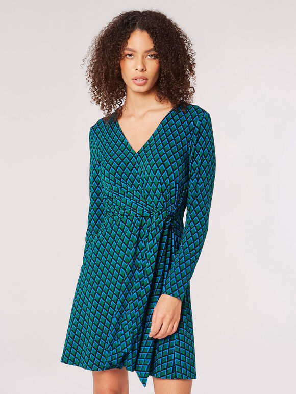Geometric Diamond Wrap Mini Dress, Green, large