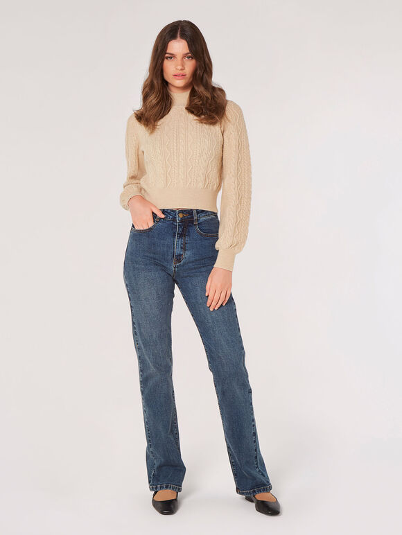 Cropped Cable Knit Aran Jumper, Stone, large