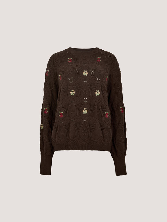 Pointelle Knit Floral Embroidered Jumper, Brown, large