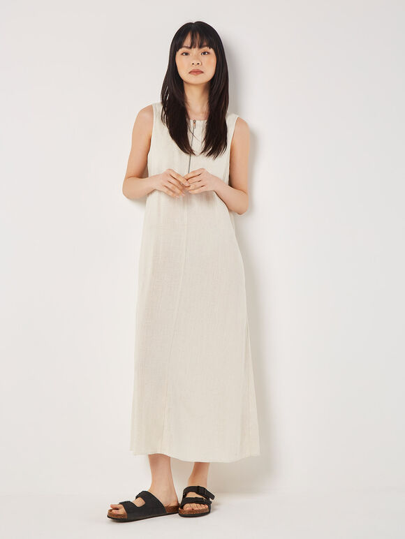 Linen Blend Zip Maxi Dress, Stone, large