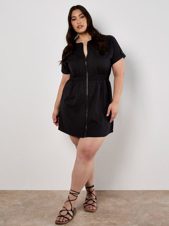 Cotton Blend Utility Mini Dress, Black, large